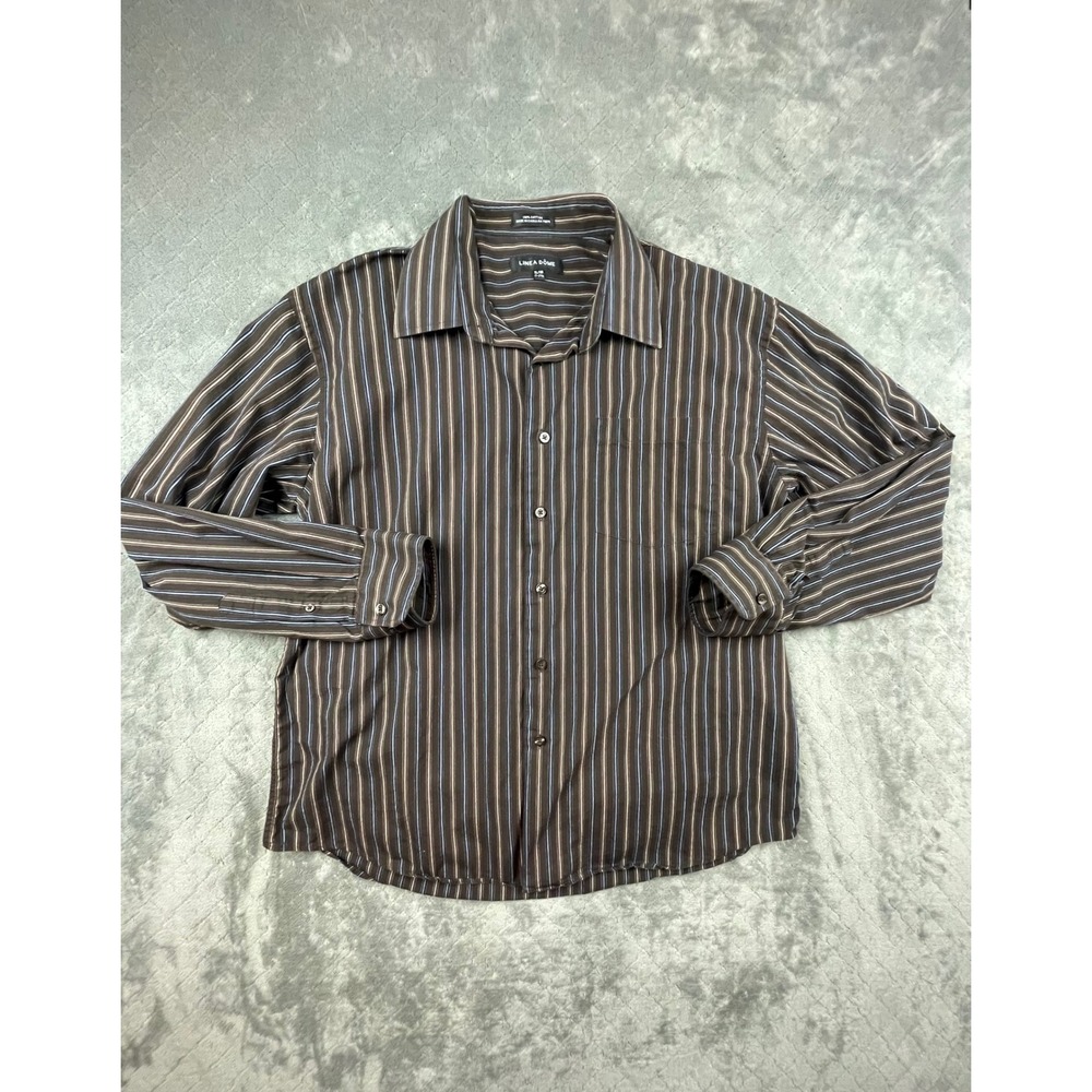 Linea Dome Mens XL 100% Cotton‎ Brown Blue Striped Long Sleeve Button Down Shirt